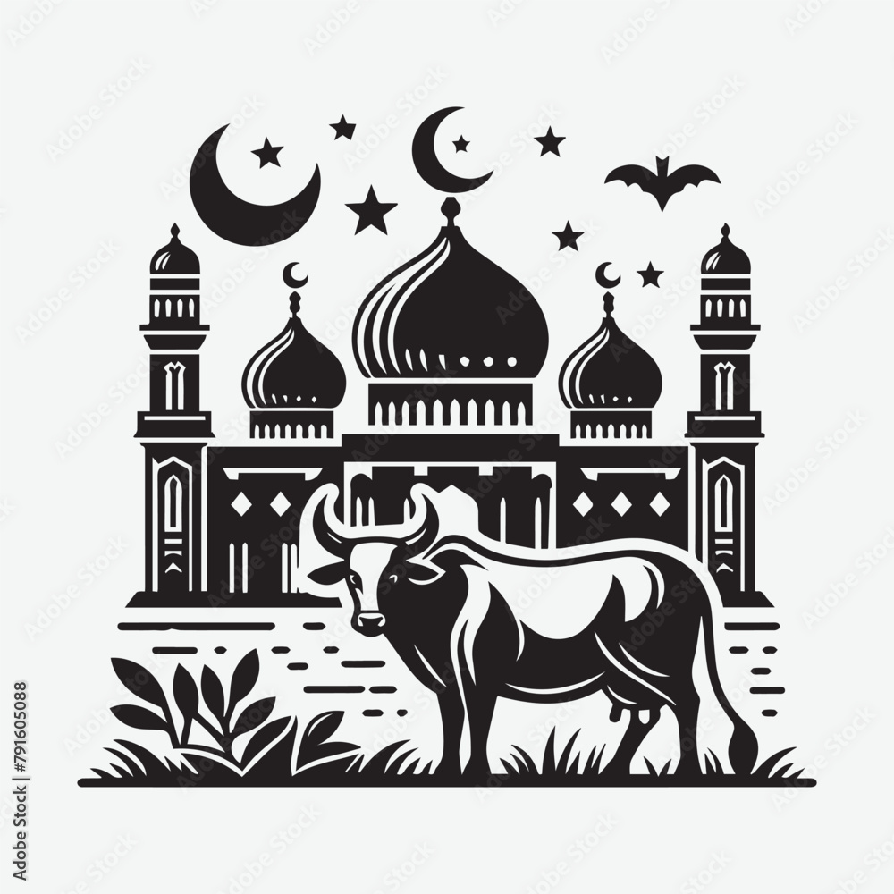 Eid Ul Adha Cow in front of mosque black & white vector,