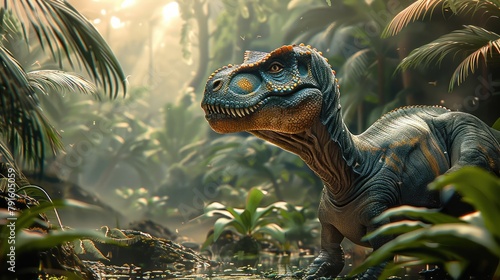 A dinosaur in jungle. The atmosphere should be magical and vibrant. Generative AI.