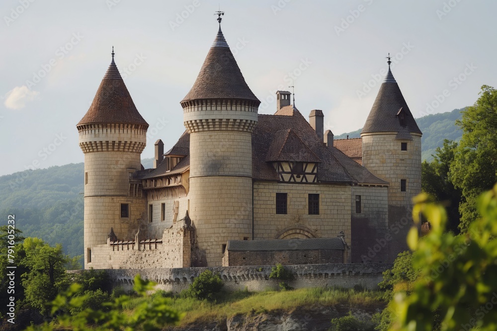 Majestic medieval castle with unique brain-shaped turrets set against lush hills