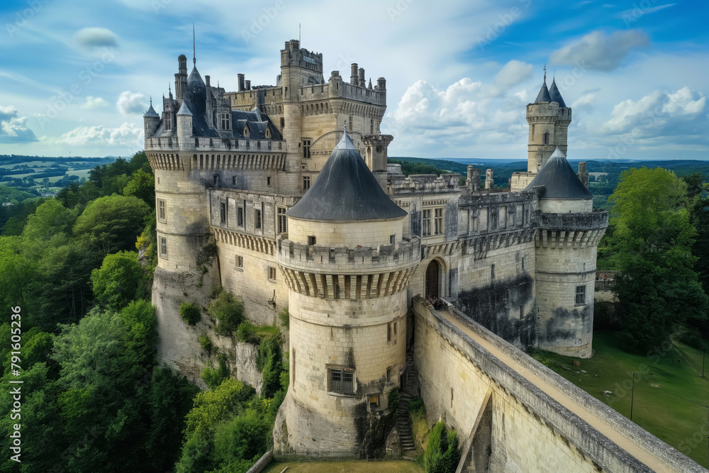 Aerial shot of a unique medieval castle with distinctive brain-shaped turrets amidst verdant surroundings