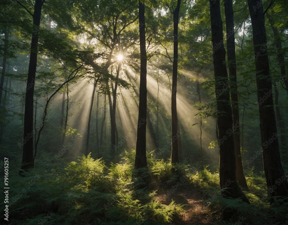 Capture the sun's rays streaming through a canopy of trees in a mystical forest.
