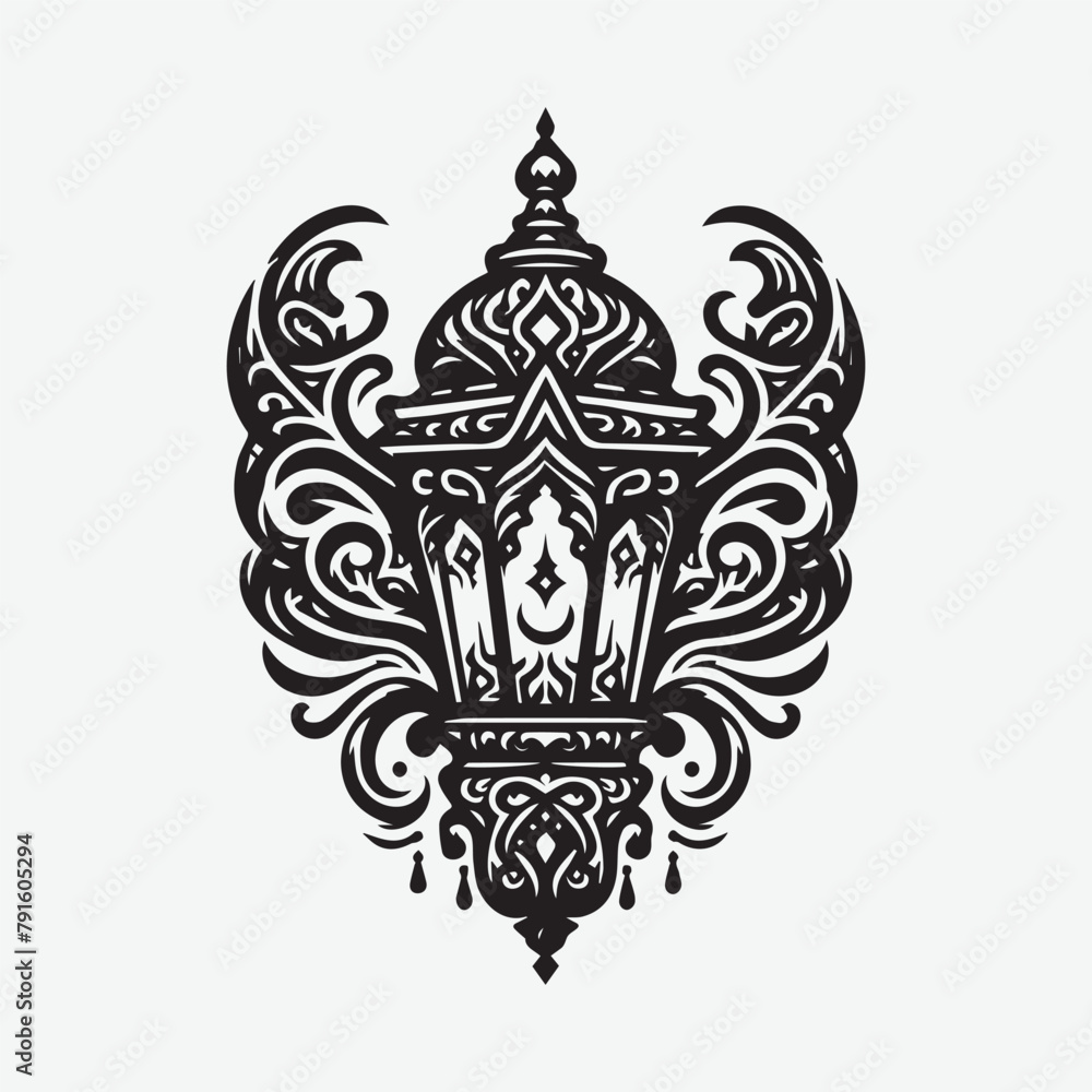 Fantasy style lantern for islamic ramadan celebration black & white vector
