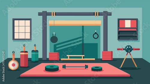 A small apartment dojo with spacesaving equipment such as resistance bands adjustable dumbbells and a jump rope for a fullbody workout.