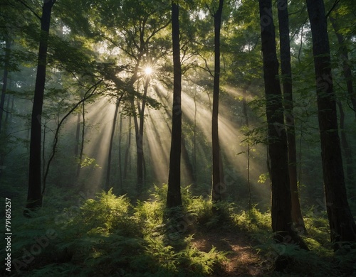 Capture the sun s rays streaming through a canopy of trees in a mystical forest. 