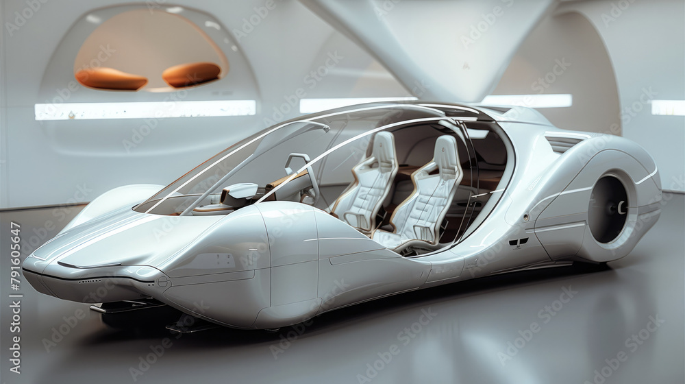 The frosted metal concept cockpit as a model display, the cabin space is spacious and slightly high. Generative AI.