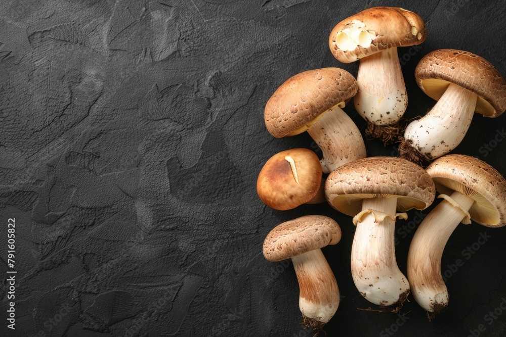 Assorted wild mushrooms displayed on a dark textured background with copy space. Concept: mushroom variety, dark food photography, forest harvest, organic produce, vegetarian, vegan Assorted wild mushrooms displayed on a dark textured background with copy space. Concept: mushroom variety, dark food photography, forest harvest, organic produce, vegetarian, vegan