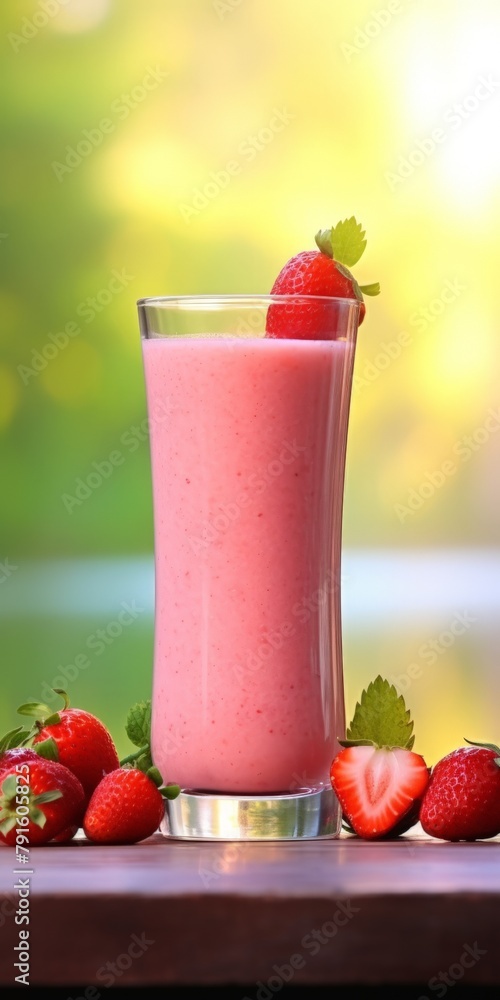Fresh strawberry smoothie with berries on marble surface against a blurred nature backdrop. Concept: healthy eating, fresh berries, summer drink, refreshment. soft focus,defocus Fresh strawberry smoothie with berries on marble surface against a blurred nature backdrop. Concept: healthy eating, fresh berries, summer drink, refreshment. soft focus,defocus