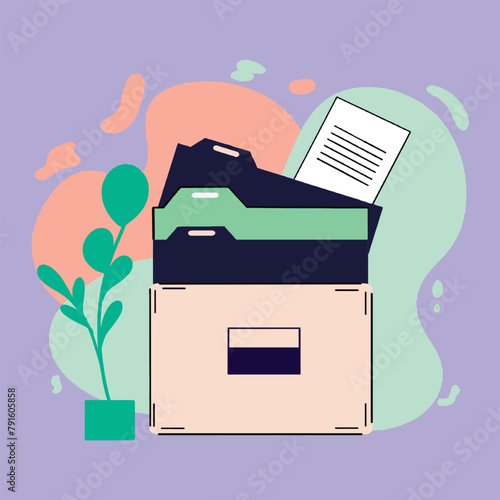 illustration of a printer in the office. Multiple document archives .folder documents with stamps and text, pile of agreement documents with signature and approval stamps