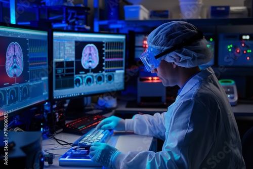Photo of a focused neuroscientist conducting advanced brain research with high-tech equipment in a laboratory photo