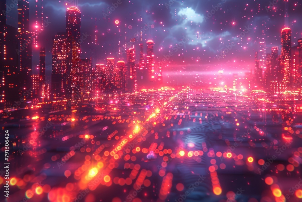 A digital painting of a cyberpunk city with red neon lights and a starry sky.