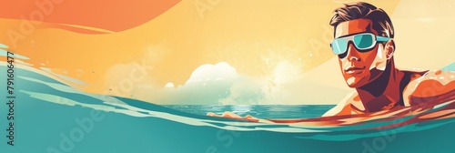 Swimmer in action, sunset seascape illustration, banner with space for text