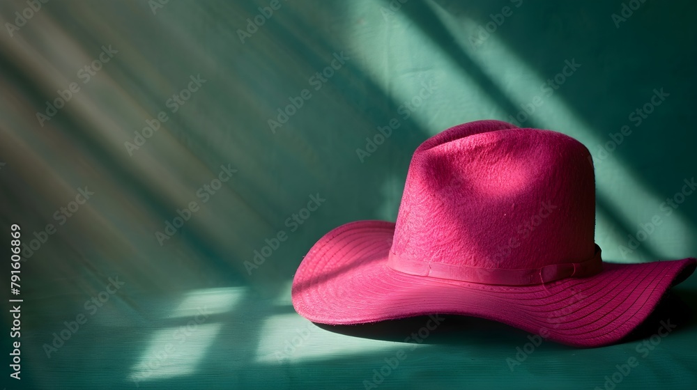 Closeup view of pink hat on emerald background