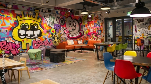 Up-close look at a hip startup office decorated with graffiti art AI generated illustration