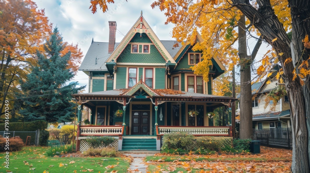 Victorian-era homes with gingerbread accents AI generated illustration Victorian-era homes with gingerbread accents AI generated illustration