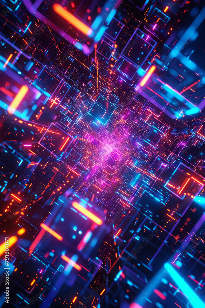 Digital technology background with geometric shapes bathed in vibrant neon hues intersect against a deep, obsidian backdrop, evoking a sense of dynamic connectivity and relentless innovation 