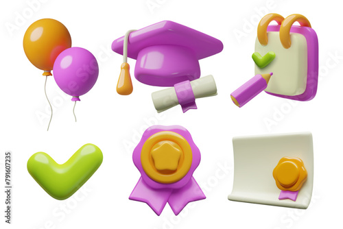 3d graduation purple icons set. Celebration and achievement three dimensional render elements collection. Vector illustration on white background.