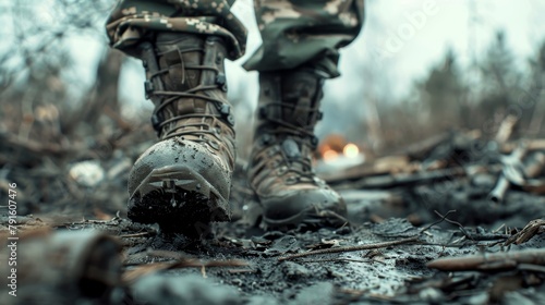 Worn-out boots trudging through the aftermath of a battle  AI generated illustration photo