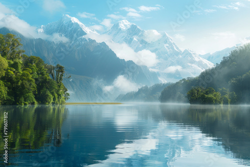 A natural landscape untouched by human hands, where lush forests meet crystal-clear waters. Majestic mountains loom in the distance, their peaks shrouded in mist. 