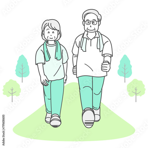 ウォーキングをするシニア夫婦のイラスト（半袖）