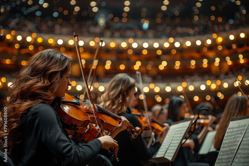 Fototapeta premium This image captures the elegant musicians playing violins amidst the ambient lighting of an orchestra hall, showcasing musical artistry