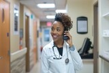 medicine, technology and healthcare concept - female doctor or nurse with computer calling on phone at hospital. Beautiful simple AI generated image in 4K, unique.