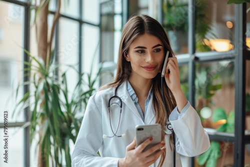medicine, technology and healthcare concept - female doctor or nurse with computer calling on phone at hospital. Beautiful simple AI generated image in 4K, unique. photo