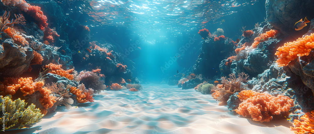Fototapeta premium 64k, 8k widescreen, wallpaper, amazing scene, Underwater Diver Explores Vibrant Coral Reef in the Tropical Sea