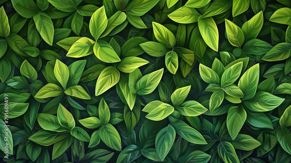 Fototapeta premium Spring Green Leaves and Tree Branches in Abstract Background. Colorful Tropical Flora Illustration