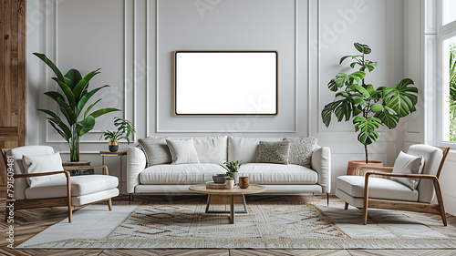 Fernseher mit Sessel im Wohnzimmer mit weißer Wand photo
