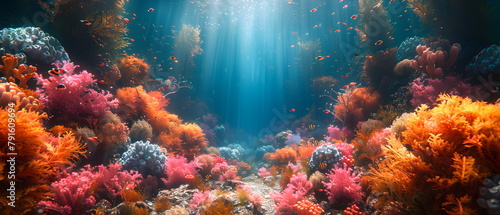 64k, 8k widescreen, wallpaper, amazing scene, Underwater Diver Explores Vibrant Coral Reef in the Tropical Sea © SJarkCube