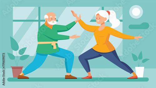 An older couple participating in a modified martial arts class together bonding and improving their coordination and flexibility.