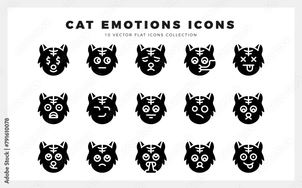 15 Cat Emotions Glyph icon pack. vector illustration.