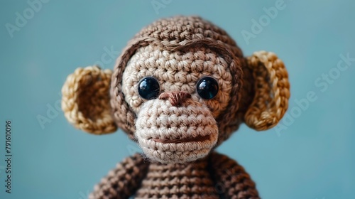 Cute handmade crochet monkey doll on colored background photo