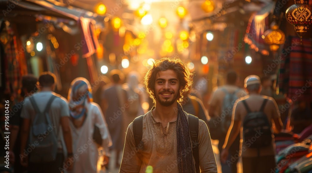 A cheerful young man enjoying a colorful and lively market scene during sunset, with a crowd in the background A cheerful young man enjoying a colorful and lively market scene during sunset, with a crowd in the background