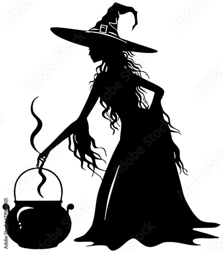 silhouette of a halloween witch with cauldron, isolated 