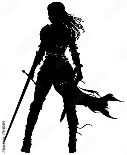Silhouette of a woman viking warrior with swords, isolated 