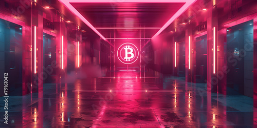 Futuristic conference hall with Bitcoin logo hologram crypto Idea poster symbol cryptocurrencies over a vibrant colorful red background Illustration