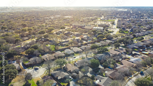 Urban sprawl DFW Dallas Fort Worth subdivision design with multiple cul-de-sac dead-end residential street that shapes like keyholes, aerial view single family houses swimming pools backyard