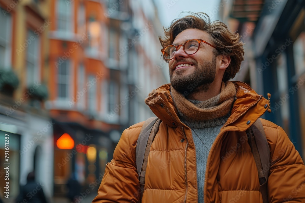 A stylish young man in a winter outfit is walking in an urban environment, showcasing fashion and travel A stylish young man in a winter outfit is walking in an urban environment, showcasing fashion and travel