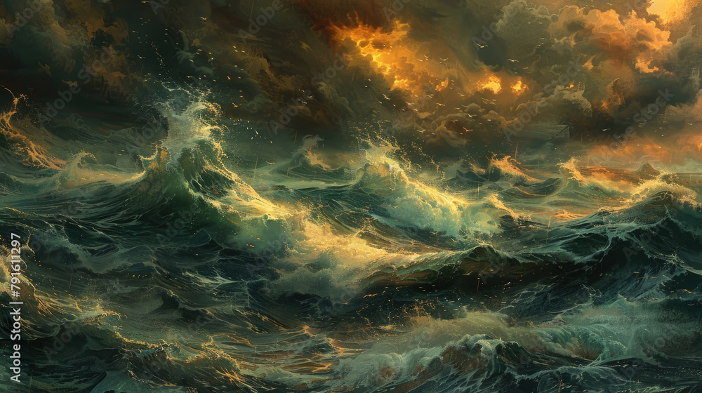 A dramatic painting depicting a powerful storm raging in the ocean, with turbulent waves crashing against a dark and ominous sky