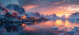 View of a Greenland village during twilight, icebergs floating nearby, reflecting the last rays of sun
