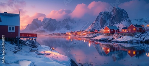 Enchanting view of a coastal village in Greenland, the harmony of human settlement and rugged nature captured at dawn #791611211