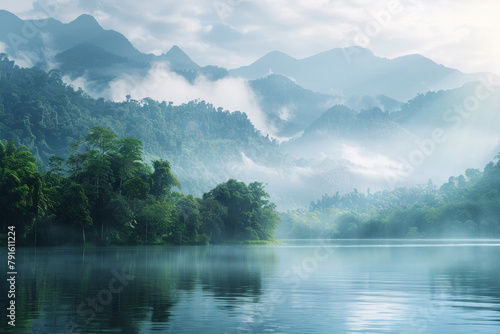 A natural landscape untouched by human hands, where lush forests meet crystal-clear waters. Majestic mountains loom in the distance, their peaks shrouded in mist.  © grey