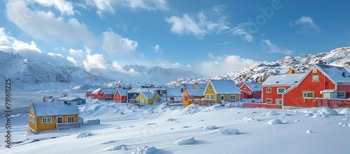 Idyllic coastal village in Greenland, frozen shores framed by colorful houses and the vast Arctic ocean