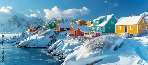 Idyllic coastal village in Greenland, frozen shores framed by colorful houses and the vast Arctic ocean