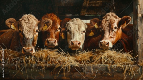 Cows in cowshed. Generative AI