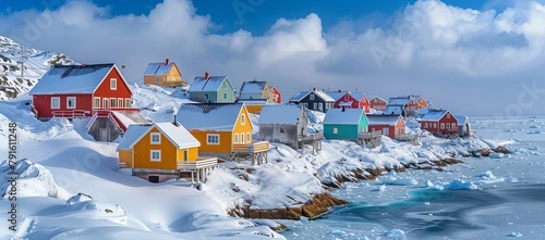 Idyllic coastal village in Greenland, frozen shores framed by colorful houses and the vast Arctic ocean photo