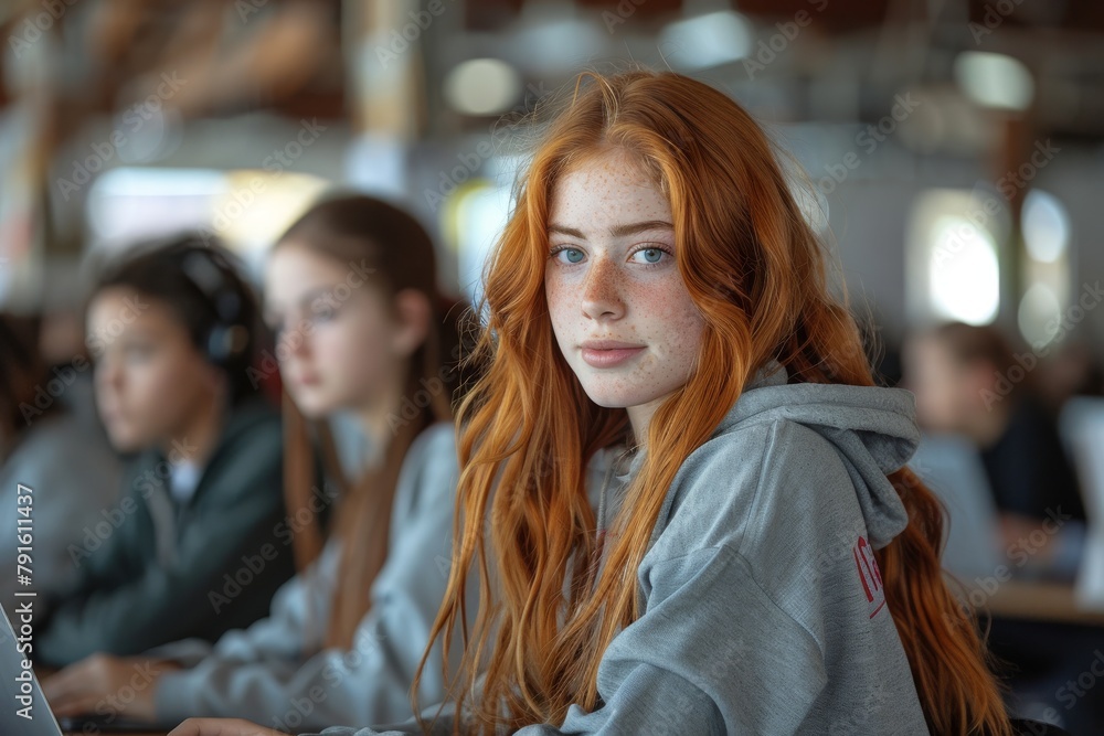 A close-up portrait of a young redheaded student with freckles in a classroom setting