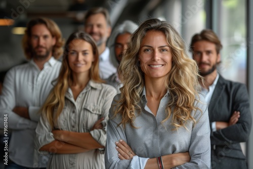 A dynamic female leader stands proudly with a diverse team of professionals behind her