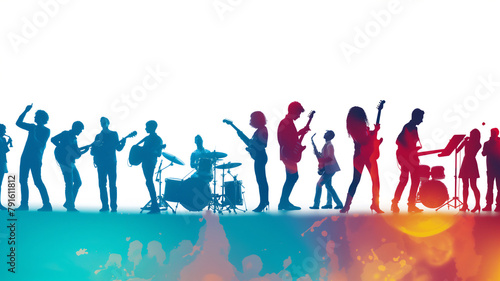 Silhouettes of a band performing on stage with a vibrant  colorful backdrop suggesting a live concert atmosphere.